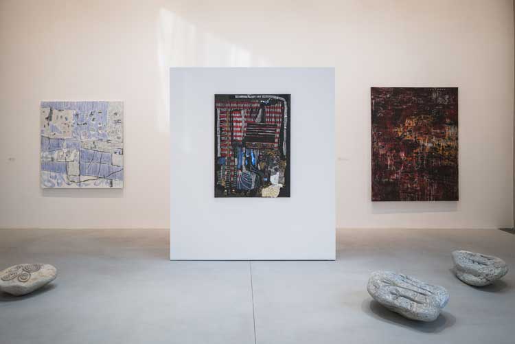 Erasure, installation view, Goodwood Art Foundation, featuring mixed-media paintings by Laís Amaral and carved soapstones by Solange Pessoa. Photo: Toby Adamson.