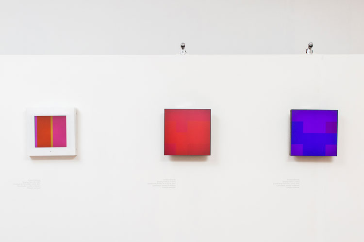 From left to right: Ernest Edmonds, Shaping Form 28.5.2007, 2007. Computer, monitor and camera. Private collection; Shaping Form 28.10.2013, 2013. Computer, monitor and camera. Private collection; Shaping Form 1.5.2015, 2015. Computer, monitor and camera. Private collection. Exhibition view, Primary Codes), Rio de Janeiro, 2015. Photo: Thales Leite.