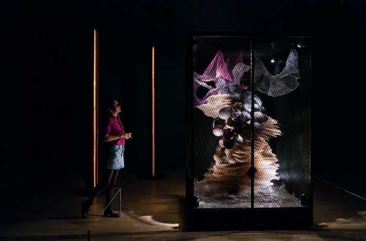 Liliane Lijn, Lines of Power 1983 and The Bride, 1988, installation view in Electric Dreams, Tate Modern, 2024. © Liliane Lijn. Photo © Tate (Lucy Green).