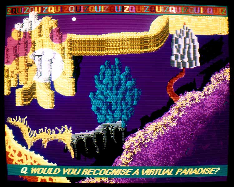 Suzanne Treister, Fictional Videogame Stills/Would You Recognise A Virtual Paradise? 1991-92. Photographs from original Amiga computer screen 16 x 20 in (50.8 x 40.64 cm). Courtesy the artist, Annely Juda Fine Art, London and P.P.O.W. Gallery, New York.
