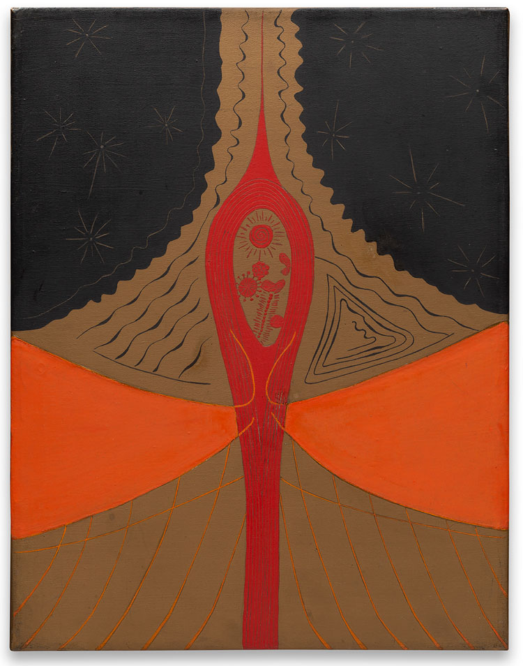 Elda Cerrato, Despolarización mutua de dos entes o Comunicaciones del Ser Beta. Etapa activa, from the series Entes extraños. Epopeya del Ser Beta, 1971. Oil on canvas. Courtesy of Lévy Gorvy Dayan.