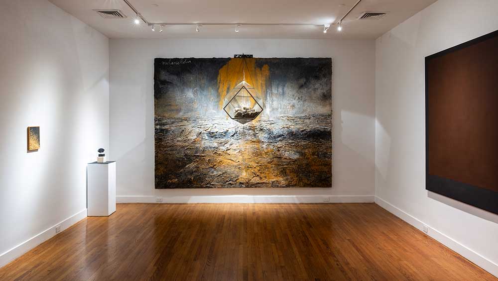Anselm Kiefer, Melancholia, 2005. Oil, acrylic, rust and polyhedral sculpture on canvas. Sculpture made out of iron and glass, containing ash, iron, dried flowers, 280 x 380 cm (110.2 x 149.6 in). Installation view, Expansive Change: Distortion as Dialogue in Modern & Contemporary Art, Leila Heller Gallery, New York, 2024. Photo: David Kaminsky.