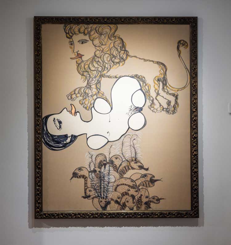 Carol Rama, Le Malelingue, 1980. Felt tip pen on acrylic and collage on a Capote canvas, 150 x 120 cm (59.06 x 47.25 in). Installation view, Expansive Change: Distortion as Dialogue in Modern & Contemporary Art, Leila Heller Gallery, New York, 2024. Photo: David Kaminsky.