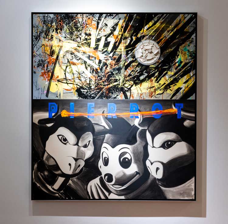 David Salle, Democratic Theory and Practice, 2013. Acrylic and silkscreen ink on metal, oil on canvas,
187.96 x 165.1 cm (74 x 65 in). Installation view, Expansive Change: Distortion as Dialogue in Modern & Contemporary Art, Leila Heller Gallery, New York, 2024. Photo: David Kaminsky.