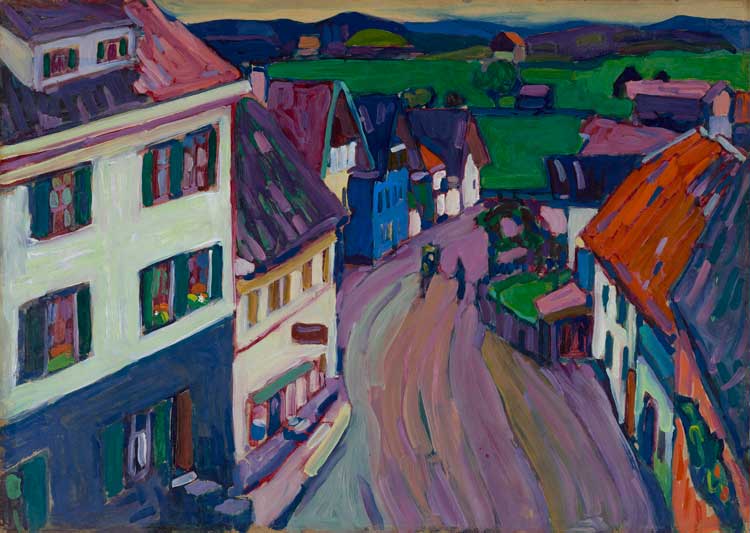 Wassily Kandinsky. Murnau – Johannisstrasse from a Window of the Griesbräu, 1908. Lenbachhaus Munich, Donation of Gabriele Münter, 1957.