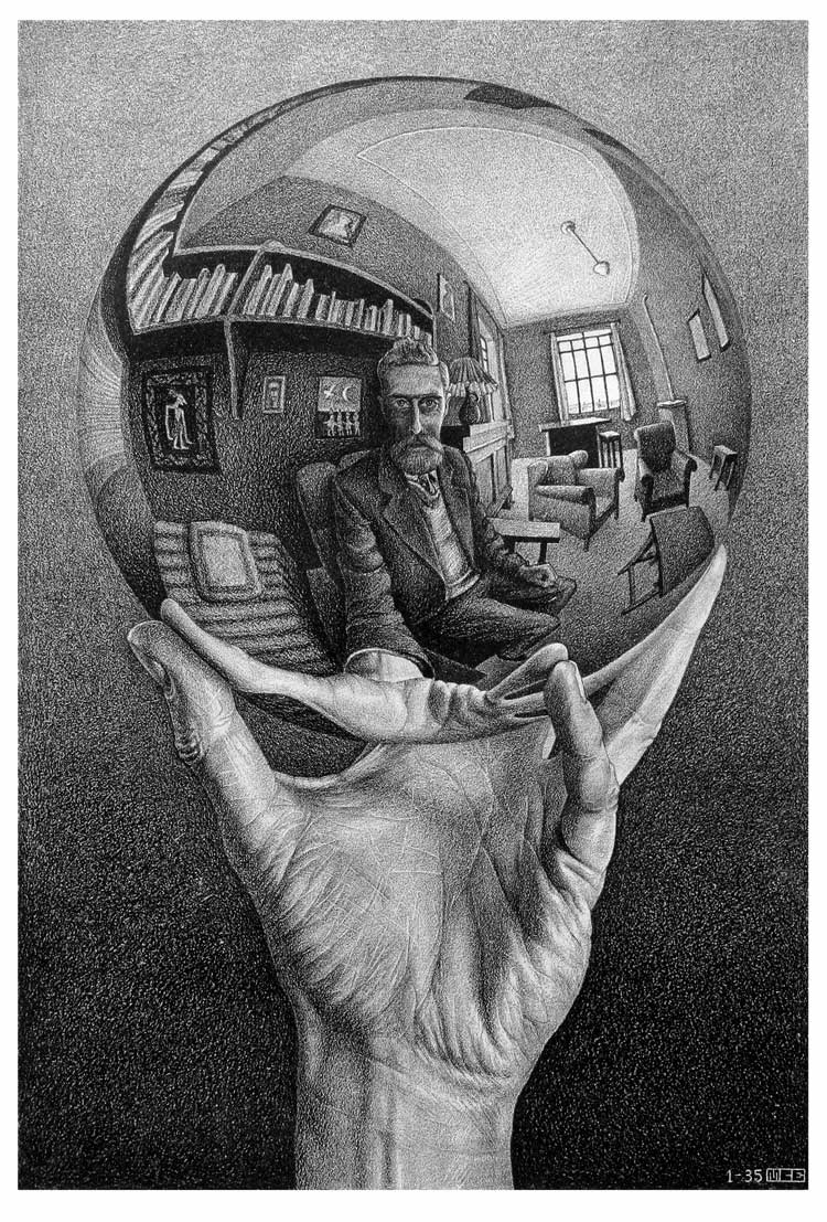 Maurits Cornelis Escher. Hand with Reflective Sphere, 1935. Lithograph, 31.8 x 21.3 cm. Collezione Rock J. Walker / Walker Fine Art, USA. All M.C. Escher works © 2023 The M.C. Escher Company. All rights reserved.
