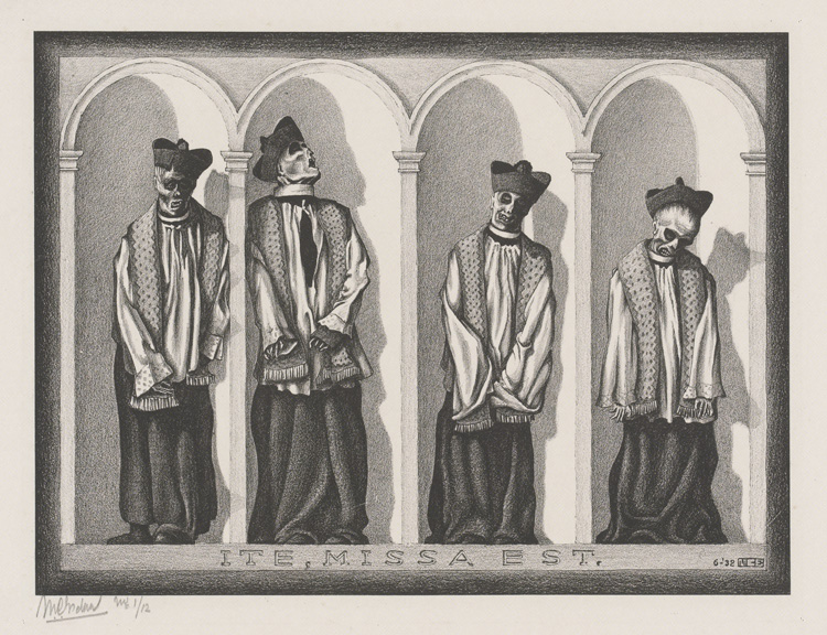 Maurits Cornelis Escher. Mummified priests in Gangi, Sicily, 1932. Lithograph, 20.4 x 27.4 cm. Collezione M.C. Escher Foundation, Paesi Bassi. All M.C. Escher works © 2023 The M.C. Escher Company. All rights reserved.
