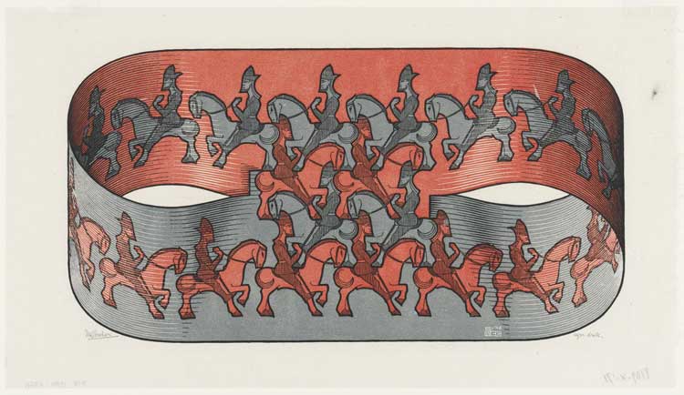 Maurits Cornelis Escher. Horsemen, 1946. Woodcut 23.9 x 44.9 cm. Collezione M.C. Escher Foundation, Paesi Bassi. All M.C. Escher works © 2023 The M.C. Escher Company. All rights reserved.
