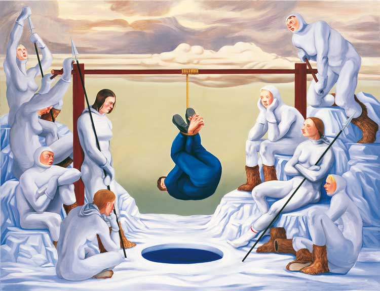 Nicole Eisenman, Fishing, 2000. Oil on panel, 121.9 x 142.2 cm. Collection Craig Robins, Miami. Image courtesy Carnegie Museum of Art. Photo: Bryan Conley.