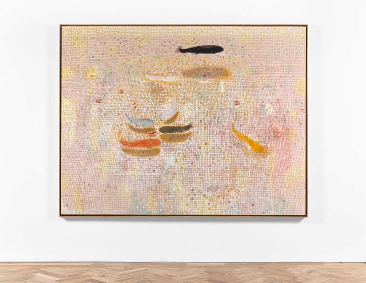 Andrew Cranston, Why have you stopped here?, 2023. Distemper on canvas, 204.1 x 264.4 cm (80 3/8 x 104 1/8 in (framed). Courtesy of the Artist and Ingleby, Edinburgh. Photo: John McKenzie.