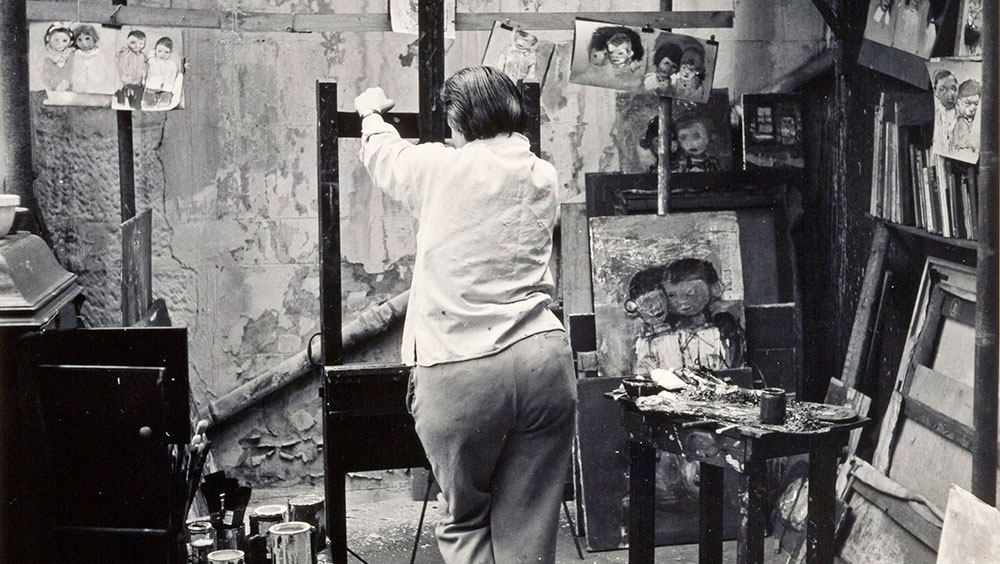 Joan Eardley in her Townhead Studio - Pink Jumper top right. Photograph by Audrey Walker.
