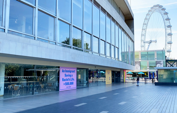 Jeremy Deller. An Immigrant Saving a Racist’s Life x 500,000, 2020. Installation view, Everyday Heroes, Southbank Centre, London, 2020. Photo: Martin Kennedy.