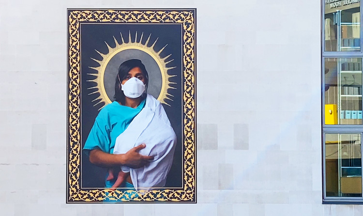 Mahtab Hussain. Dr A Shahid with Ember, 2020. Installation view, Everyday Heroes, Southbank Centre, London, 2020. Photo: Martin Kennedy.