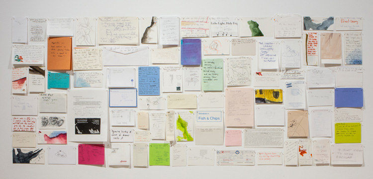 Joseph Grigely. I don’t want to hear anymore, 2016. Ink, graphite pencil and watercolour on paper. Installation view, The Extended Mind, 2019. Image courtesy Talbot Rice Gallery, The University of Edinburgh.