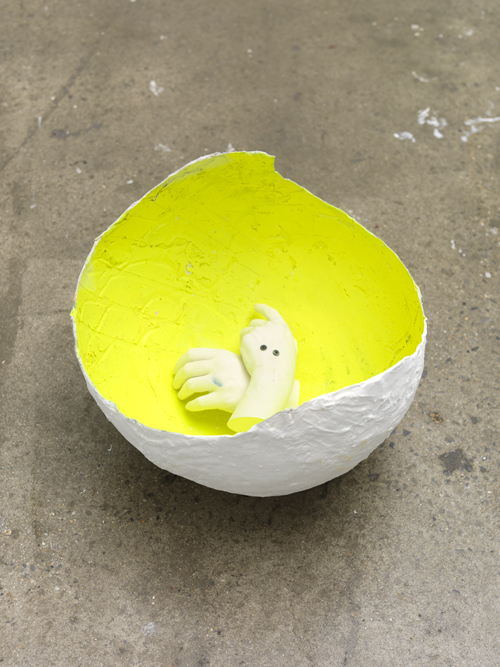 Tamar Ettun. Screwed Hand on Yellow, 2015. Plaster, metal, paint, 12 x 17 x 18 in.