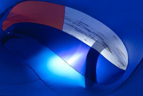 Tamar Ettun. Blue Bubble, 2015. Parachute nylon fabric, industrial fan, velcro, 240 x 180 x 60 in.