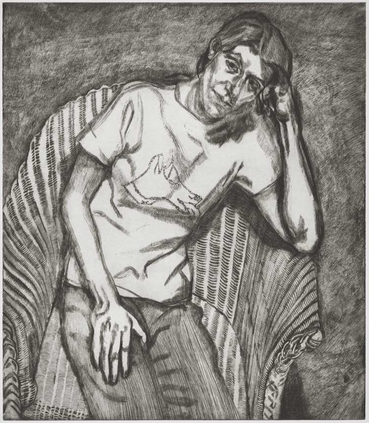 Lucian Freud, Bella in her Pluto T-Shirt (etching), 1995 © The Lucian Freud Archive. All Rights Reserved [2026] / Bridgeman Images. Collection: National Portrait Gallery.