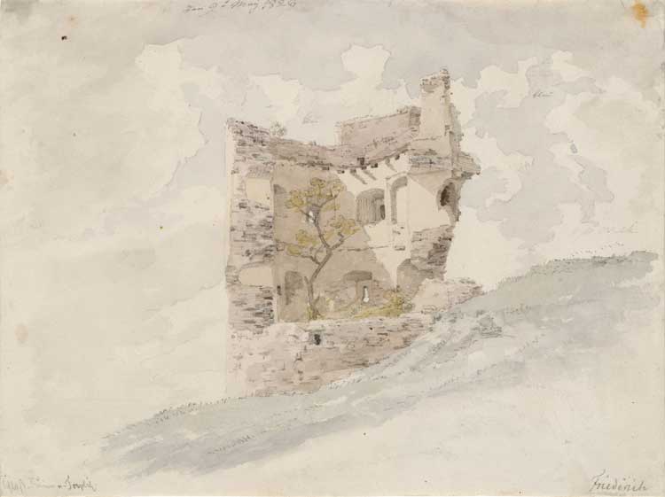 Caspar David Friedrich. Castle Ruins at Teplitz, 1828. Watercolour over pencil on wove paper, 6 13/16 x 9 ¼ in (17.3 x 23.4 cm). Kupferstich-Kabinett, Staatliche Kunstsammlungen Dresden (C 1913-33). Photo: © Kupferstich-Kabinett, Staatliche
Kunstsammlungen Dresden, Photo Herbert Boswank.