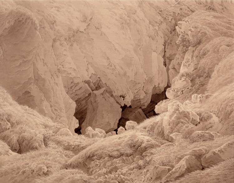 Caspar David Friedrich. Cave in the Harz, ca. 1837. Brown ink and wash with pencil on wove paper, 13 9/16 x 17 3/16 in (34.5 x 43.7 cm). The Royal Danish Collection, Copenhagen (I, 3 a-3). Photo: HM The King's Reference Library, The Royal Danish Collection.