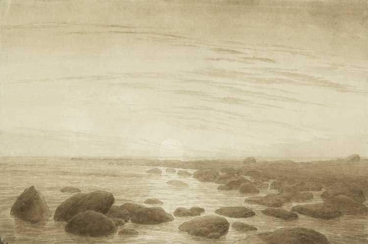 Caspar David Friedrich. Moonrise by the Sea, ca. 1835–37. Brown ink and wash with pencil on wove paper, 10 1/8 x 15 1/8 in (25.6 x 38.5 cm). Kupferstichkabinett, Hamburger Kunsthalle (1952-131). Photo: bpk Bildagentur / Kupferstichkabinett, Hamburger Kunsthalle / Art Resource, NY.