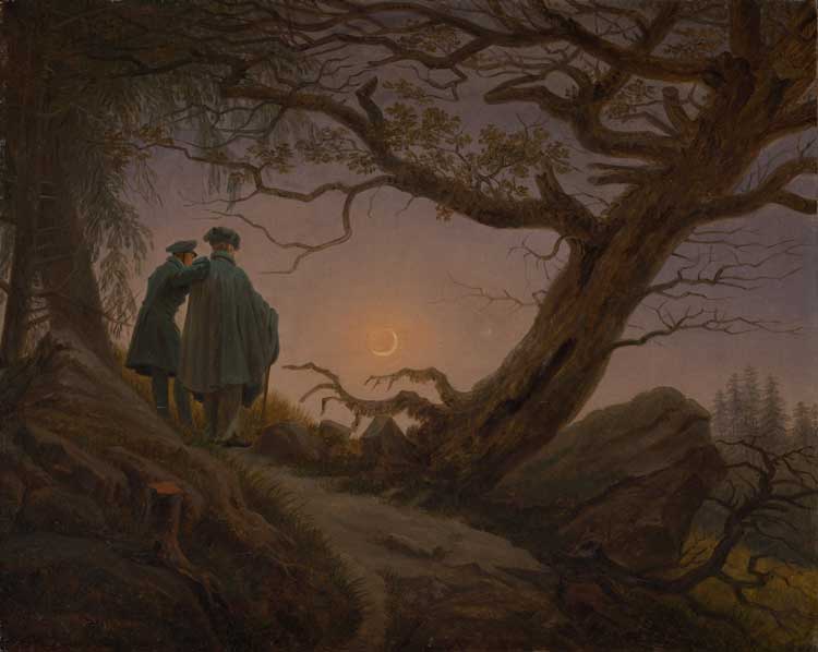 Caspar David Friedrich. Two Men Contemplating the Moon, ca. 1825–30. Oil on canvas, 13 3/4 x 17 1/4 in (34.9 x 43.8 cm). The Metropolitan Museum of Art, Wrightsman Fund, 2000 (2000.51).