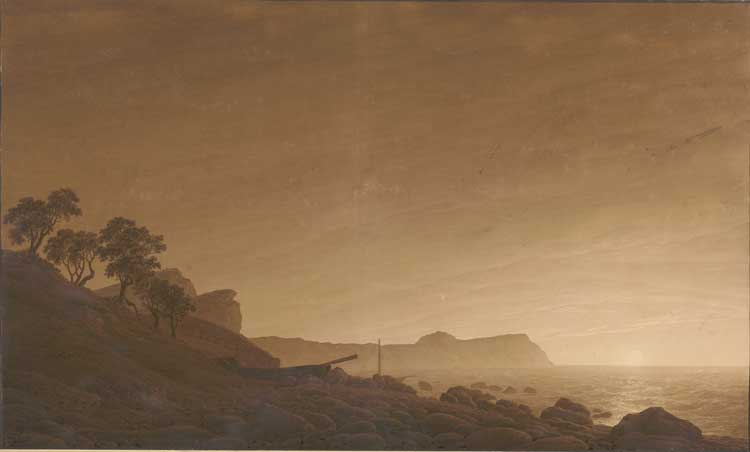 Caspar David Friedrich. View of Arkona with Rising Moon, 1805–6. Brown ink and wash, over pencil, on wove paper, 24 x 39 3/8 in (60.9 x 100 cm). The Albertina Museum, Vienna (17298).
