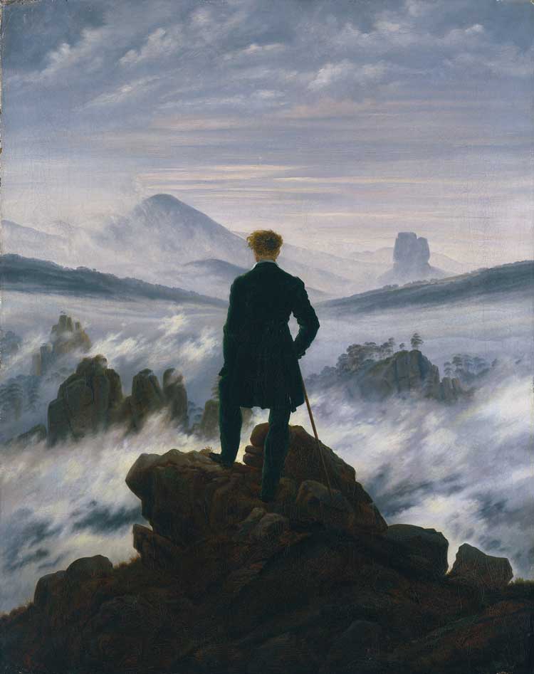 Caspar David Friedrich. Wanderer above the Sea of Fog, ca. 1817. Oil on canvas, 37 3/8 × 29 1/2 in (94.8 × 74.8 cm). Hamburger Kunsthalle, on permanent loan from the Stiftung Hamburger Kunstsammlungen, acquired 1970 (HK-5161). Photo: Elke Walford.