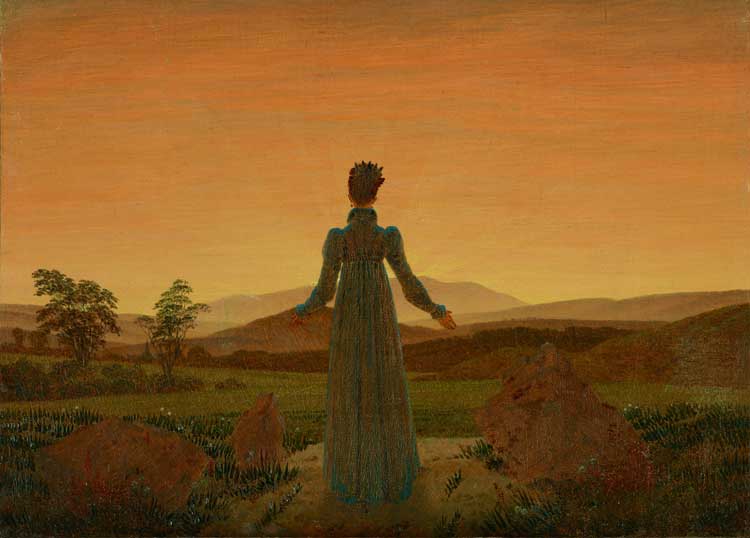 Caspar David Friedrich. Woman before the Rising or Setting Sun, ca. 1818–24. Oil on canvas, 8 5/8 x 12 in (22 x 30.5 cm). Museum Folkwang, Essen (G 45). Photo: Museum Folkwang Essen - ARTOTHEK.