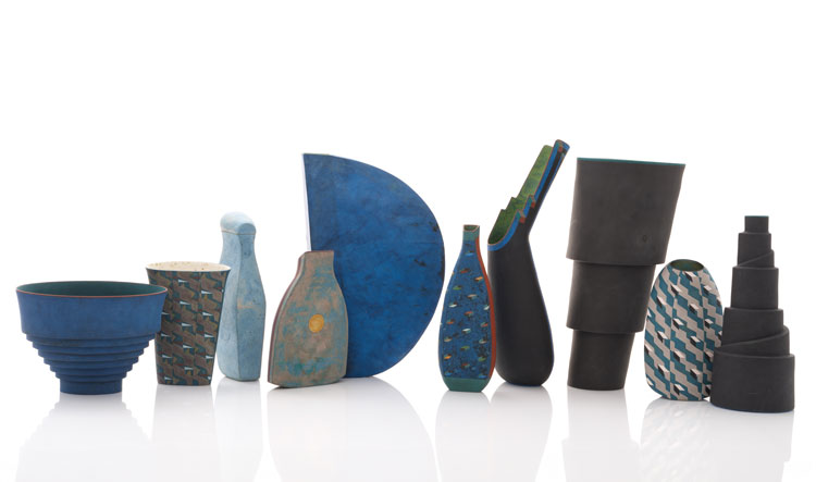 A group of hand-built ceramic vessels with coloured slips by Elizabeth Fritsch. © The Artist. Image courtesy Adrian Sassoon, London. Photo: Sylvain Deleu.