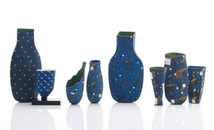 A group of hand-built ceramic vessels with coloured slips by Elizabeth Fritsch. © The Artist. Image courtesy Adrian Sassoon, London. Photo: Sylvain Deleu.