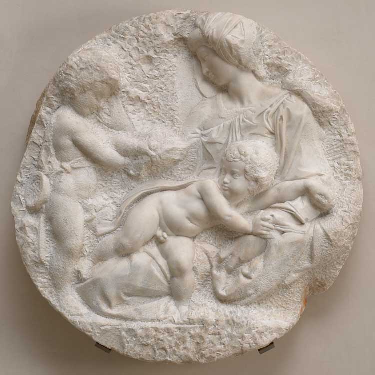Michelangelo Buonarroti, The Virgin and Child with the Infant Saint John (The Taddei Tondo), c1504-05. Marble, 106.8 x 106.8 cm. Royal Academy of Arts, London. Bequeathed by Sir George Beaumont, 1830. Photo: Royal Academy of Arts, London, Photographer: Prudence Cuming Associates Limited.