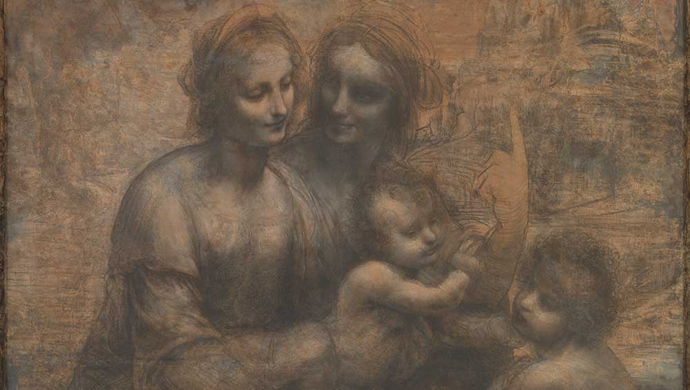 Leonardo da Vinci, The Virgin and Child with St Anne and the Infant St John the Baptist (The Burlington House Cartoon), c1506-08 (detail). Charcoal with white chalk on paper, mounted on canvas, 141.5 x 104.6 cm. The National Gallery, London. Purchased with a special grant and contributions from the Art Fund, The Pilgrim Trust, and through a public appeal organised by the Art Fund, 1962.