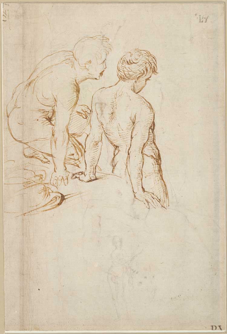 Raphael, Two Male Nudes Seen from Behind, c1505-06. Pen and brown ink on paper, 25.3 x 17 cm. The Albertina Museum, Vienna