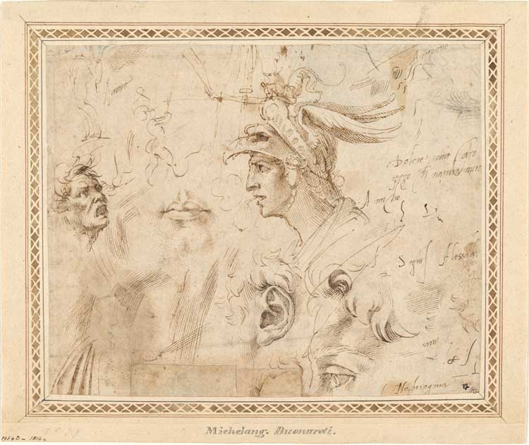 Michelangelo Buonarroti, Studies of Male Heads, Helmets for Soldiers and Facial Features, c1504. Pen and brown ink and black chalk on paper, 20.5 x 25.3 cm. Hamburger Kunsthalle, Kupferstichkabinett. Photo: © Hamburger Kunsthalle / bpk. Photo: Christoph Irrgang.