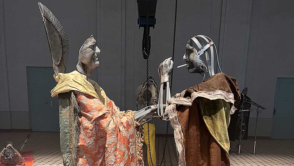 Kira Freije. Vocabulary of ruin and the divine wound, 2023. Stainless steel, cast aluminium, silk, velvet, wool, cigarette. Photo: Veronica Simpson.