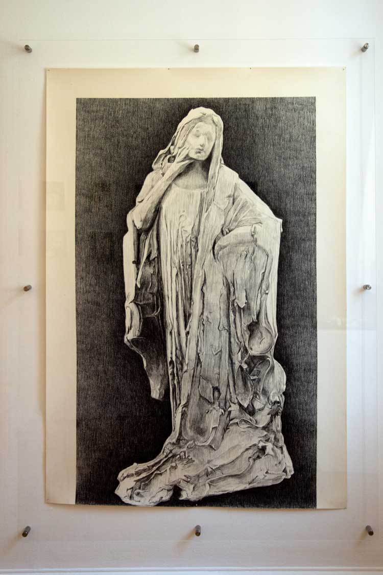 Rebecca Fortnum, Les Praticiennes (Vonnoh, Sarah), 2022. Bessie Potter Vonnoh (1872-1955), America. Memories of Sarah Bernhardt c1912, terracotta, whereabouts unknown. Carbon pencil on paper, 154.5 x 95 cm. Installation view, Henry Moore Institute, 2023. Courtesy the artist and the Henry Moore Institute.