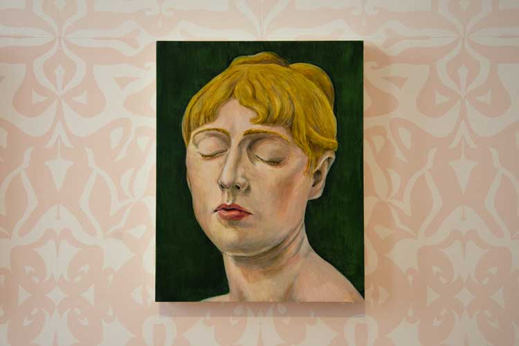 Rebecca Fortnum, Les Praticiennes (Claudel, unknown), 2022. Camille Claudel (1864-1943), France. Young Woman with Closed Eyes c1885, terracotta. Musée Sainte-Croix, Poitiers. Oil on gesso board, 25 x 20 cm. Installation view, Henry Moore Institute, 2023. Courtesy the artist and the Henry Moore Institute.