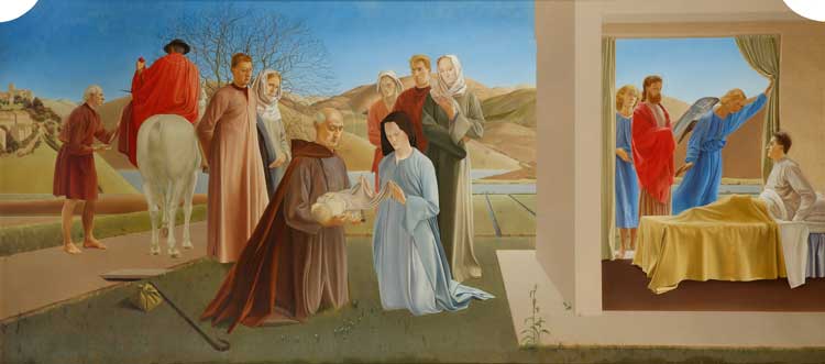 Winifred Knights, Scenes from the Life of Saint Martin of Tours, c1928–33. Oil (or possibly tempera) on canvas with glazing, 73 x 159.7 cm. Milner Memorial Chapel, Canterbury Cathedral. © The Estate of Winifred Knights.