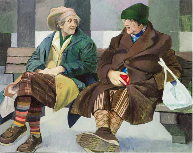 Ron Stenberg, Two auld wifies, Dundee, 1982. Oil on canvas, 94 x 121 cm. Collection of Dundee Art Galleries & Museums (Dundee City Council). Donated 2015 by the Artist, museum number 2015-61.
