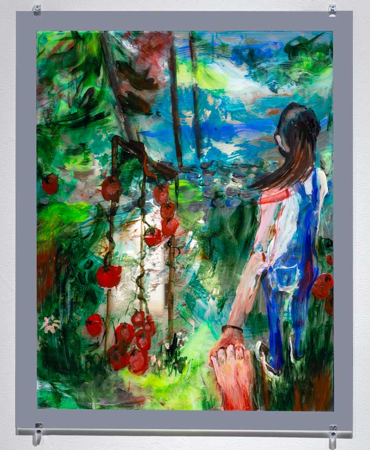 Saba Farhoudnia. Red Like the Tomatoes, Red Like the Heart, 2022. Acrylic on glass mirror, 24 x 30 inches. Photo credit: Farzan Ghasemi.