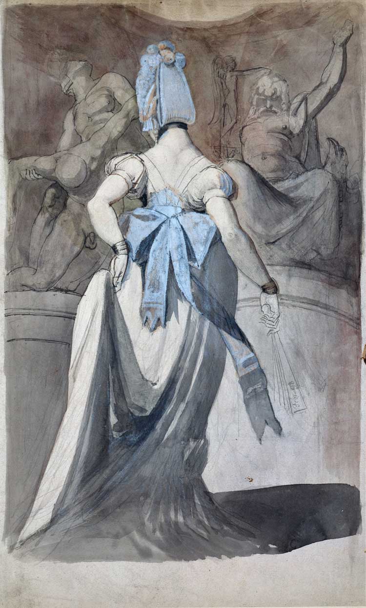 Henry Fuseli. Woman in a Sculpture Gallery, 1798. Graphite, pen and black ink, brush and watercolour, heightened with white opaque watercolour, 41 x 24.7 cm. Dresden, Staatliche Kunstsammlungen, Kupferstichkabinett.