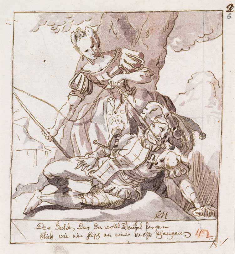 Henry Fuseli. Fool on the end of a prostitute’s rope, c1757-59. Pen and grey-brown ink, brush and watercolour 11.8 x 10.6 cm. Zürich, Kunsthaus Zürich, Collection of Prints and Drawings, Donated by C. Meyer, 1826.
