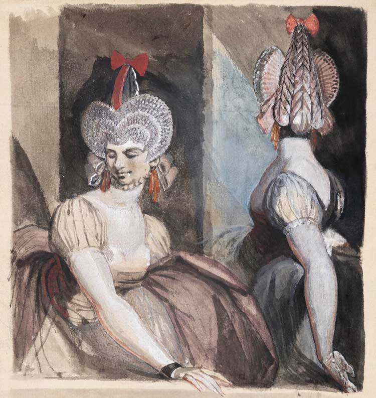 Henry Fuseli. Two courtesans in a theatre box, with fantastic hairstyles, c1790-92. Pen and brown ink, brush and watercolour and opaque watercolour, over graphite, 17.9 x 16.2 cm. Auckland, Auckland Art Gallery Toi o Tāmaki, purchased 1965.