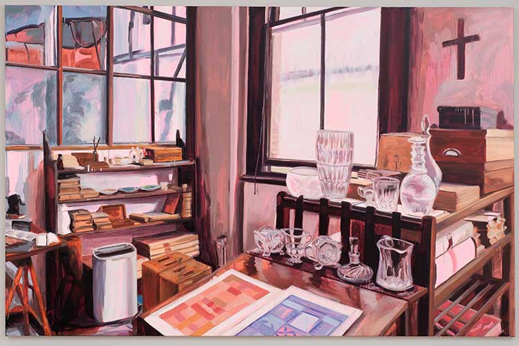 Anna Freeman Bentley, The Door to the Office Is Open, 2022. Oil on canvas, 135 x 205 cm. Copyright Anna Freeman Bentley, courtesy Frestonian Gallery.