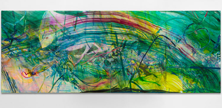 Jadé Fadojutimi. The Empress of the Plants, 2022. Acrylic, oil and oil pastels on canvas, 300 x 800 cm. Photo: Michael Brzezinski. Courtesy: Jadé Fadojutimi.
