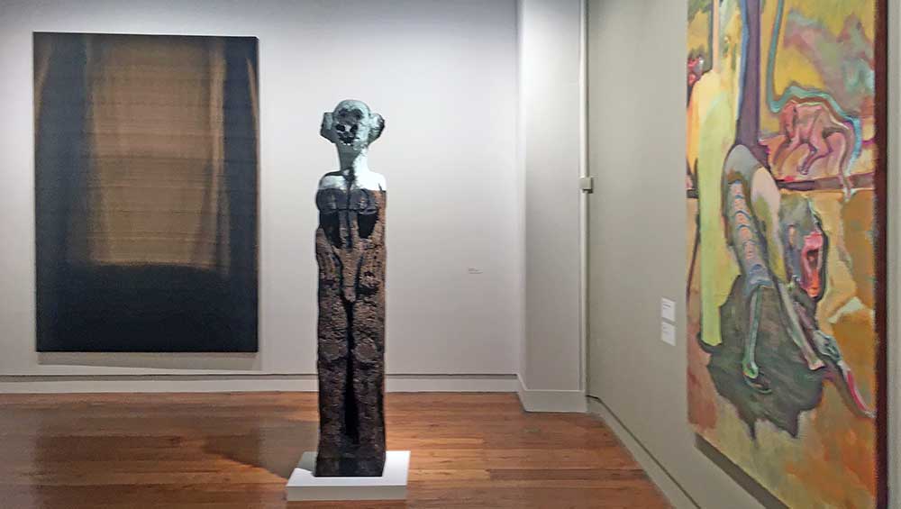 Ayun Farah (left), Huma Bhabha, What is Love, 2013 (centre), Michael Armitage, Sun Wukong in Gachie, 2015 (right), installation view, The Hunterian Art Gallery, University of Glasgow, 2022. Photo: Veronica Simpson.