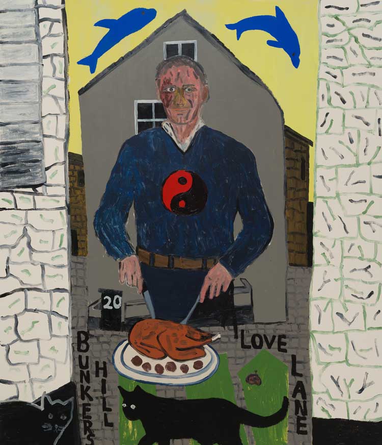 Danny Fox. The Man of the House Cuts the Bird, 2021. Acrylic on canvas, 84 x 72 in (213.4 x 182.9 cm). © Danny Fox, 2021. Image courtesy of Saatchi Yates.