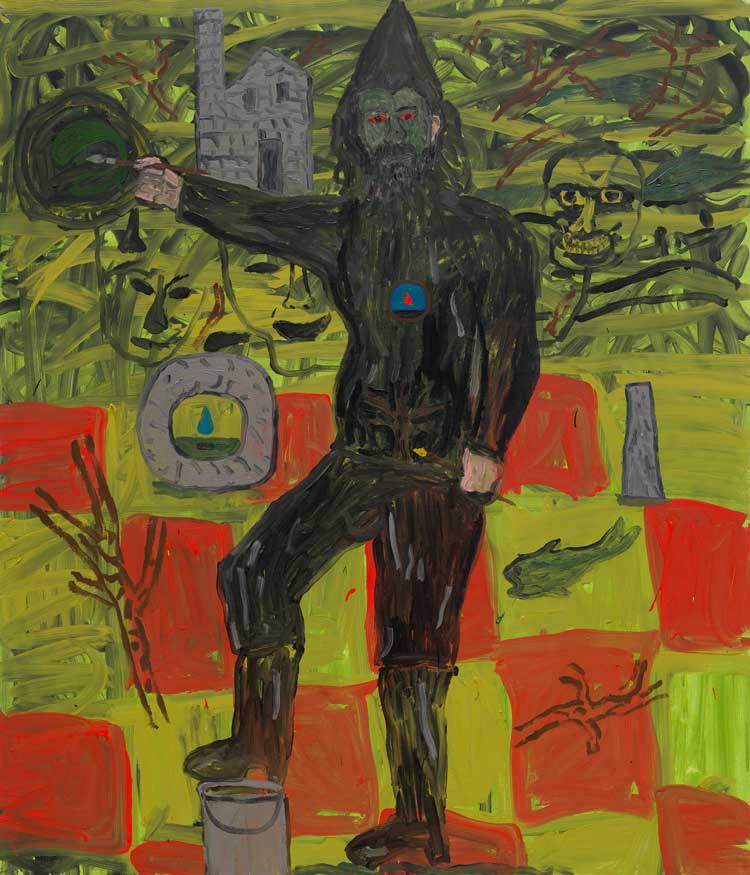 Danny Fox. Can of petrol, can of mackerel, get on jet fuel, 2021. Acrylic on canvas, 84 x 72 in (213.4 x 182.9 cm). © Danny Fox, 2021. Image courtesy of Saatchi Yates.