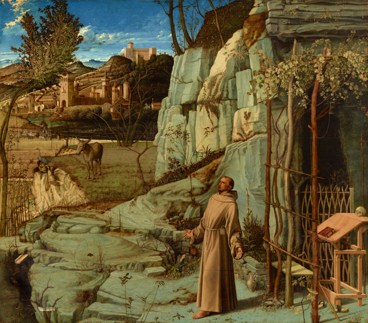 Giovanni Bellini. St. Francis in the Desert, c1476–78. Oil on panel; panel: 49 1/16 x 55 7/8 in; image: 48 7/8 x 55 1/16 in. The Frick Collection, New York. Photo: Michael Bodycomb, courtesy The Frick Collection / Frick Art Reference Library.