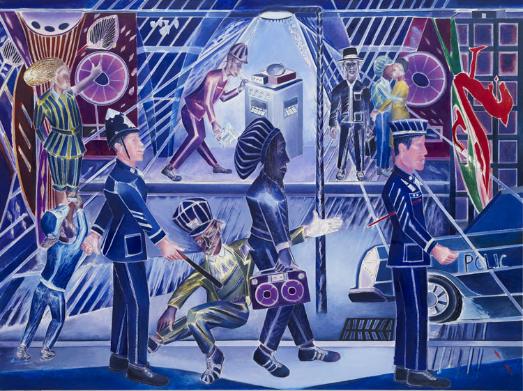 Denzil Forrester, Brixton Blue, 2018. Oil on canvas, 204.4 x 273.4 cm (80 1/2 x 107 5/8 in). Copyright Denzil Forrester. Courtesy the artist and Stephen Friedman Gallery, London.